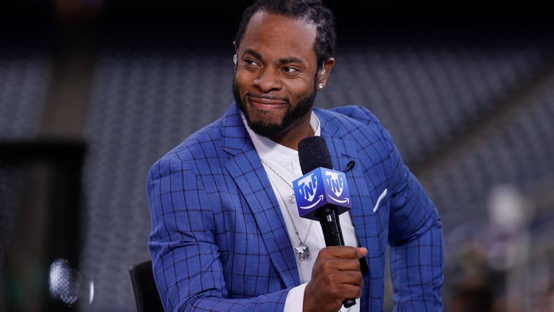 Richard Sherman on the broadcast set before the Texans vs. 49ers game in Houston.