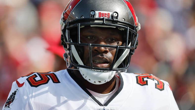 Jamel Dean prepares for a play against the Packers in Tampa.