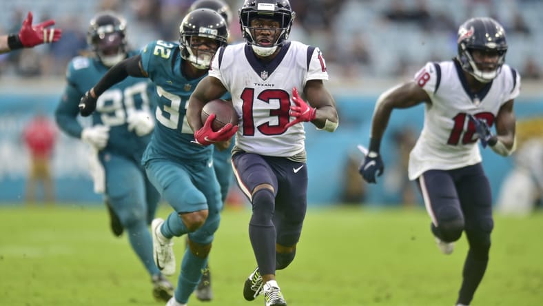 Brandin Cooks scores a late Texans touchdown against the Jaguars. Cooks became a free agent option for the Vikings in 2025. 
