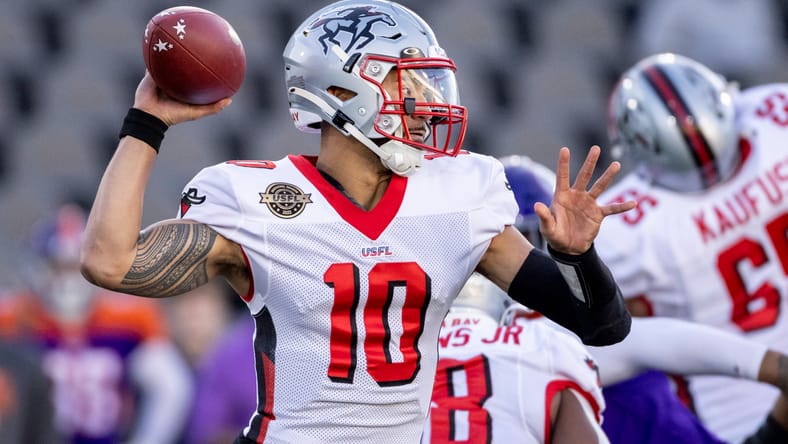 Jordan Ta'amu winds up for a pass in a USFL game for the Tampa Bay Bandits.