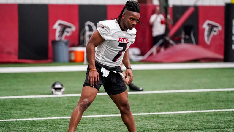 Bijan Robinson on the field during Falcons rookie camp in Flowery Branch.