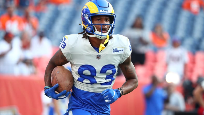 Trishton Jackson warms up before Rams-Broncos preseason game in 2021.