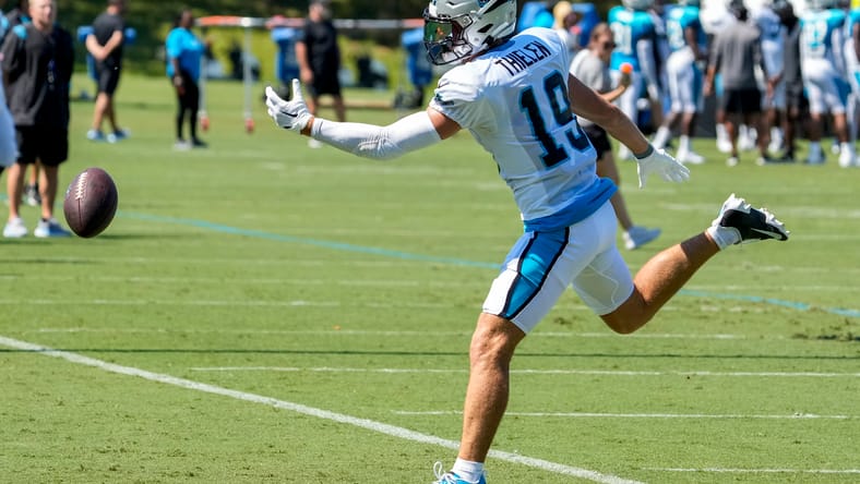 Adam Thielen misses a pass during Panthers training camp practice at Wofford College.