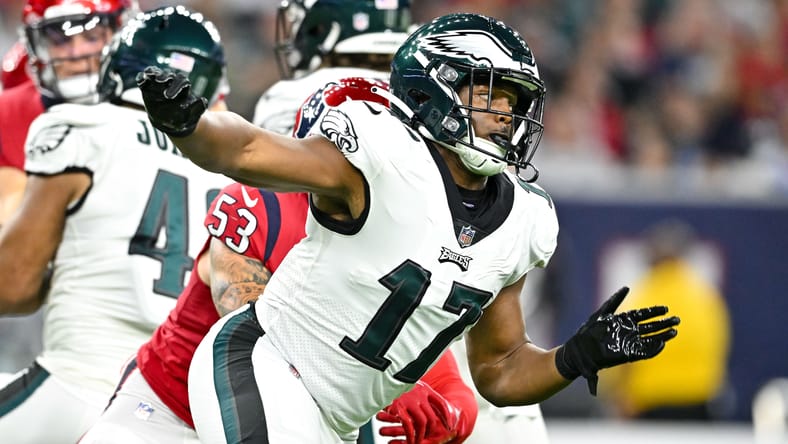 Nakobe Dean in action during an Eagles game at NRG Stadium.