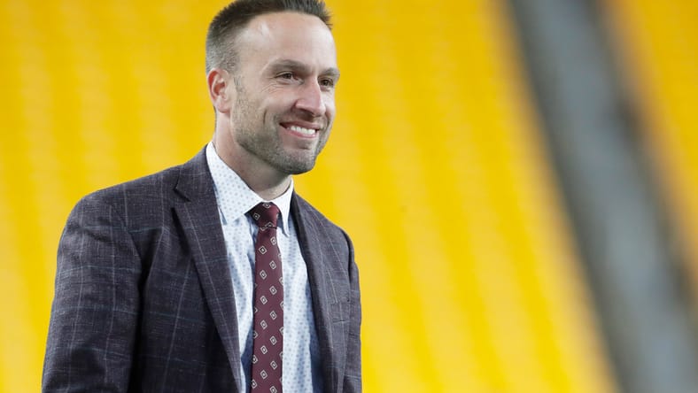 Jeff Hafley on the field before a Boston College game at Acrisure Stadium.