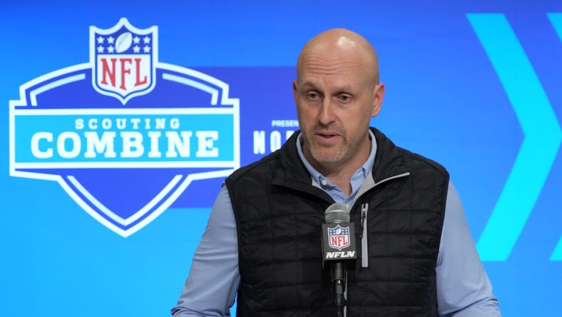 Monti Ossenfort speaks at the NFL Scouting Combine press conference.