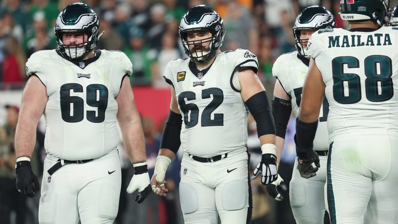 Jason Kelce, Landon Dickerson, and Jordan Mailata line up for the Eagles vs. the Bucs.