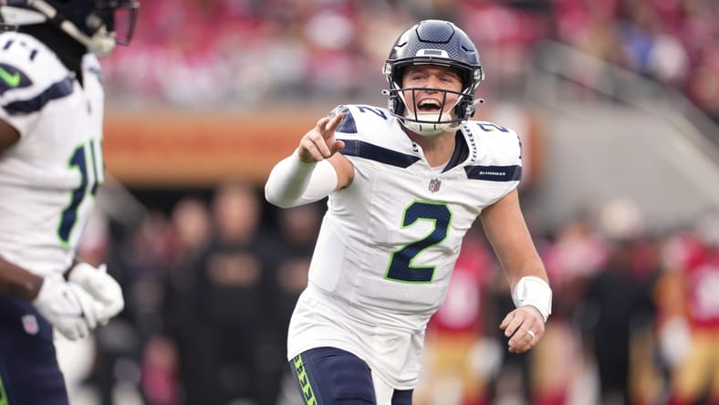 Drew Lock celebrates after a touchdown pass against the 49ers.