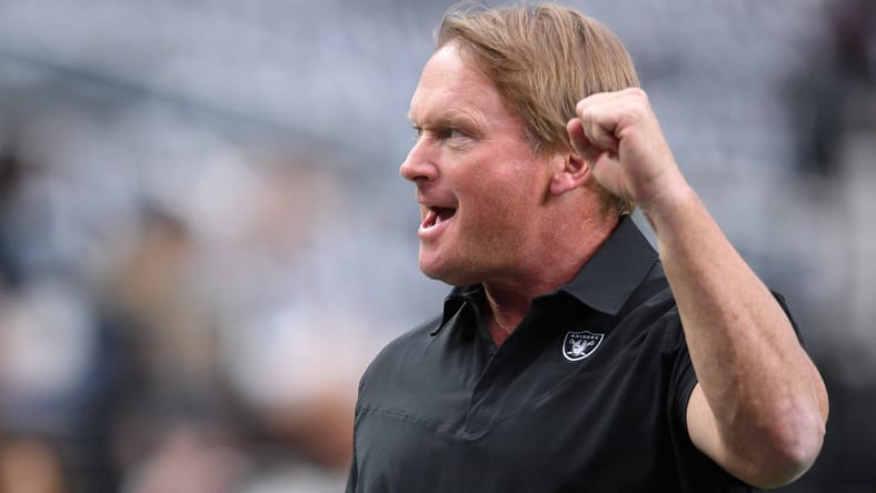 Jon Gruden as coach of the Raiders in 2021, two years before Senior Bowl work with Dalton Risner.