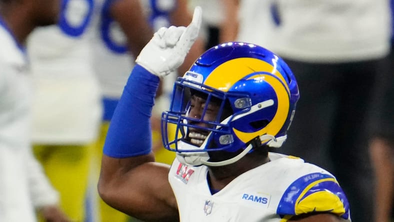 Ogbo Okoronkwo with the Rams in 2022. Has ties to the Vikings through Kevin O'Connell.