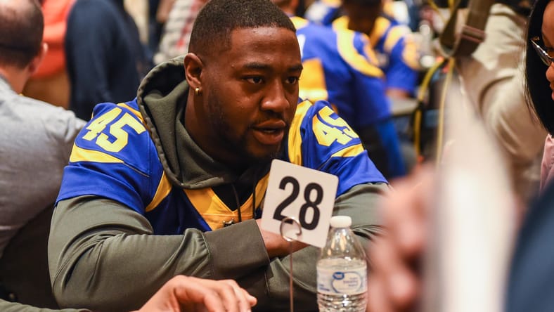 Rams linebacker Ogbo Okoronkwo (45) speaks with media during Super Bowl press interviews in January 2019.