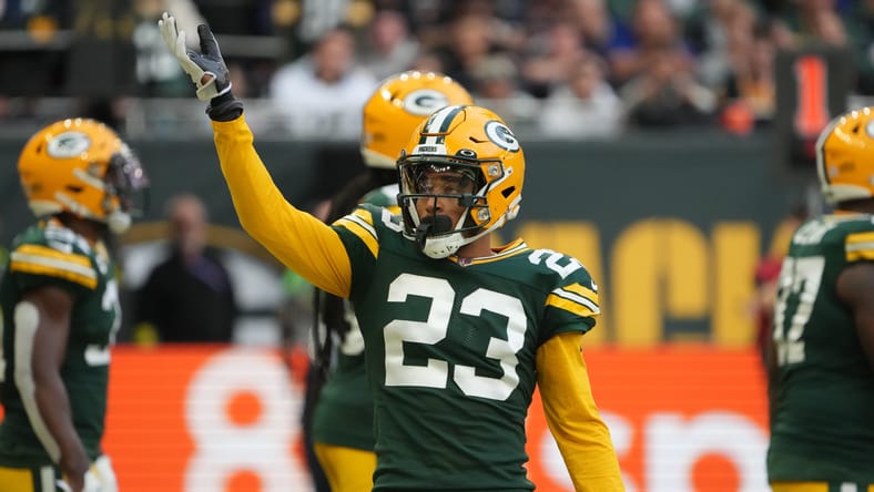 Jaire Alexander gestures during the Packers–Giants game in London.