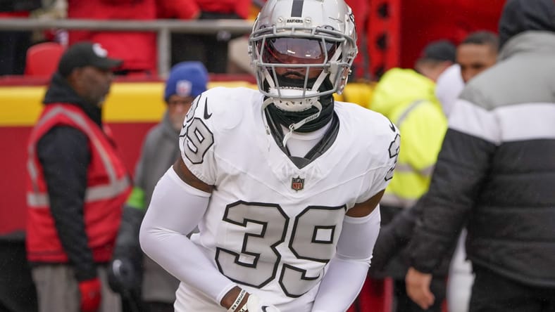 Nate Hobbs runs onto the field at Arrowhead Stadium before facing the Kansas City Chiefs. Hobbs was allegedly on the Vikings' radar in 2025.