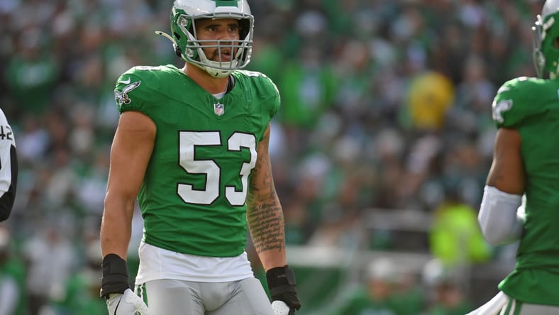 Zack Baun prepares for the snap while playing linebacker for the Eagles.