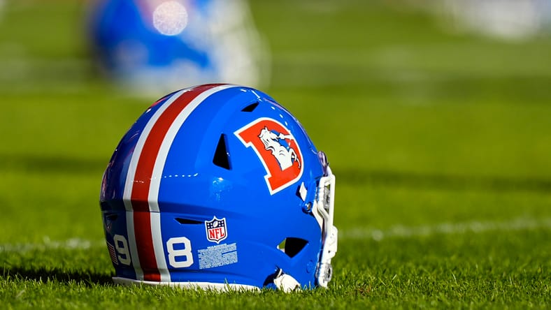 Denver Broncos helmet in 2025. Former Vikings WR Trent Sherfield signed with the Broncos in March.