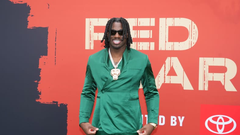 Shemar Stewart appears on the red carpet before the 2025 NFL Draft at Lambeau Field in Green Bay.
