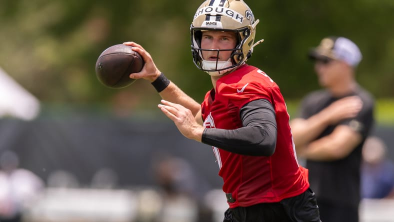 New Orleans Saints rookie quarterback Tyler Shough at practice.