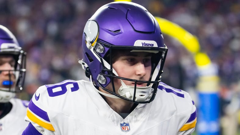 Vikings kicker Will Reichard in the 2024 playoffs versus the Los Angeles Rams.