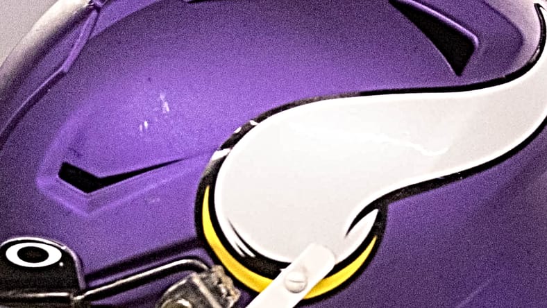 A Vikings helmet worn by Jordan Hicks in 2022.