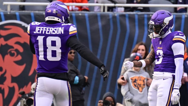 Justin Jefferson and Jordan Addison, Vikings WRs, salute in 2024.