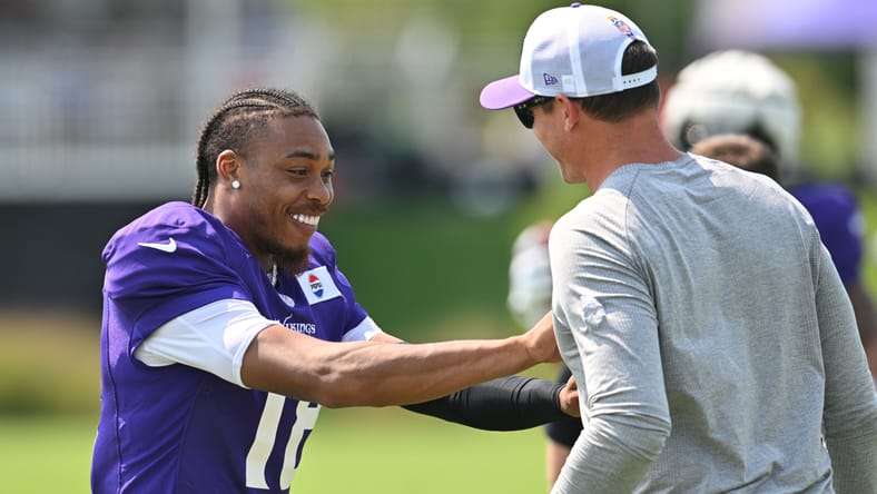 Justin Jefferson and Kevin O'Connell at Vikings training camp in 2024.
