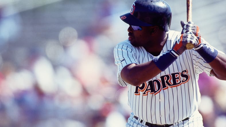 Tony Gwynn at bat during 1993 spring training at Jack Murphy Stadium.