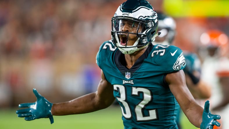 Rasul Douglas of the Eagles shows frustration after a pass interference penalty during a preseason game against the Browns in Cleveland.