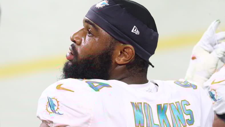 Christian Wilkins lines up for the Dolphins in a 2020 matchup with the Raiders.