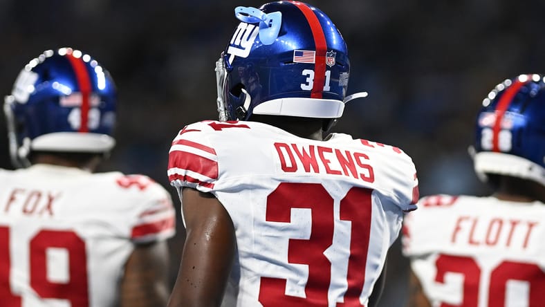 Giants safety Gervarrius Owens with mouth guard stuck in helmet on Aug. 11, 2023.