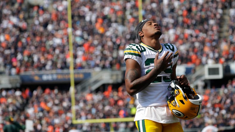 Green Bay Packers cornerback Rasul Douglas (29) stands alone on the field before a game against the Chicago Bears at Soldier Field.
