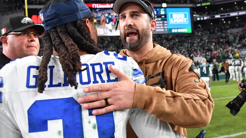 Nick Sirianni greets Stephon Gilmore after an Eagles win over Dallas. Gilmore would join the Vikings in 2024. 