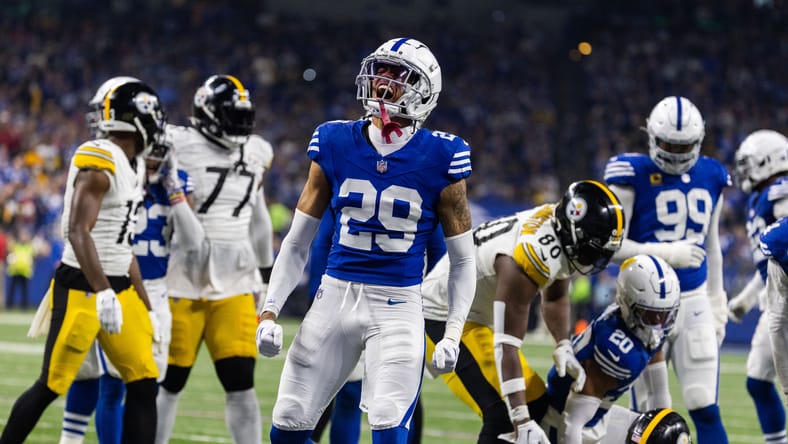 JuJu Brents celebrates a tackle against the Pittsburgh Steelers in the first half at Lucas Oil Stadium.
