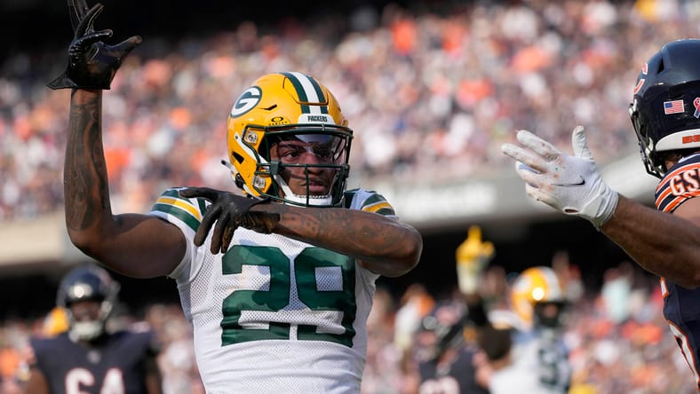 Rasul Douglas (29) of the Packers celebrates after breaking up a pass to Cole Kmet in the end zone, a move that could help bolster the Vikings' secondary.