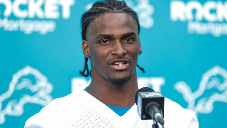Lions connerback Ennis Rakestraw at rookie minicamp in 2024.