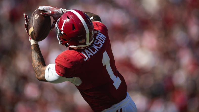 Domani Jackson intercepts a pass against South Carolina at Bryant-Denny Stadium. Vikings Saturday draft targets