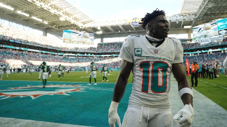 Tyreek Hill celebrates overtime win vs. Jets in December 2024