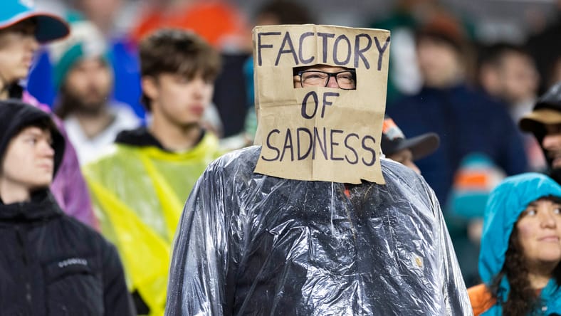 A Cleveland Browns fan in 2024 with a bag over his head.