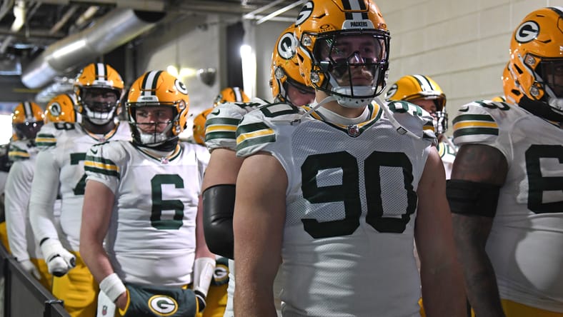 Lukas Van Ness waits in the tunnel before a playoff game vs. the Eagles.