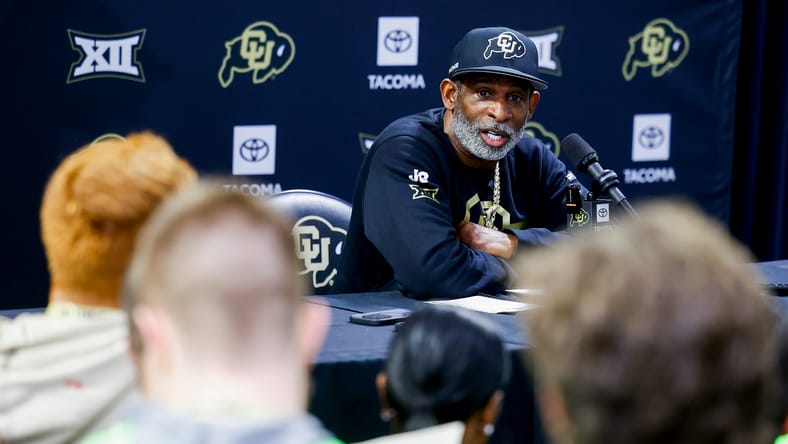Deion Sanders speaks at Colorado NFL Showcase in Boulder on April 4, 2025.
