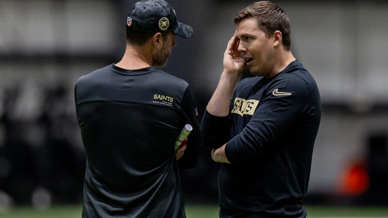 Brandon Staley and Kellen Moore at Saints OTAs in 2025.