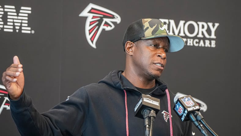 Falcons head coach Raheem Morris speaks to the media before practice in Atlanta.