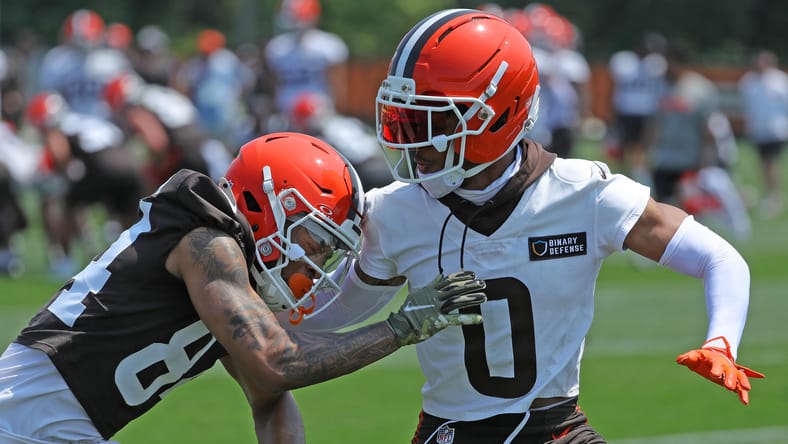 Greg Newsome II and Gage Larvadain participate in Browns minicamp drills on June 11, 2025.