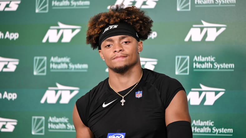 Justin Fields speaks during Jets minicamp press conference in June 2025