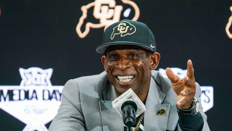 Deion Sanders in 2025 at a press conference.