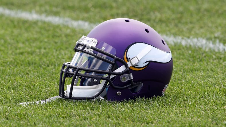 a Vikings helmet at training camp