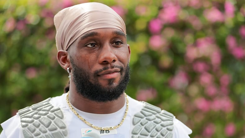 Alexander Mattison speaks to media during Dolphins training camp in Miami Gardens.