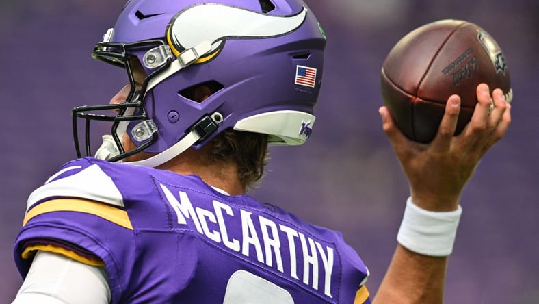 Vikings QB J.J. McCarthy in the 2025 preseason.