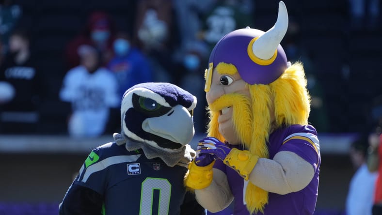 Vikings and Seahawks mascots in 2022.