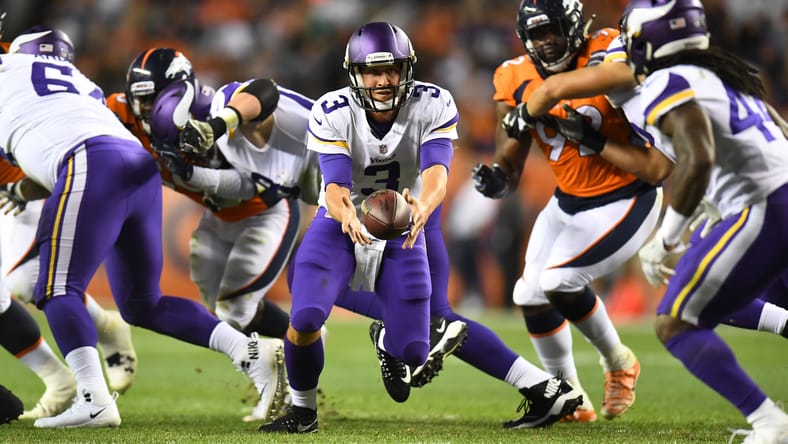Trevor Siemian tosses pass against Broncos in preseason.