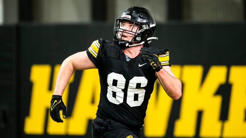 Iowa tight end Steven Stilianos runs a route during spring practice.